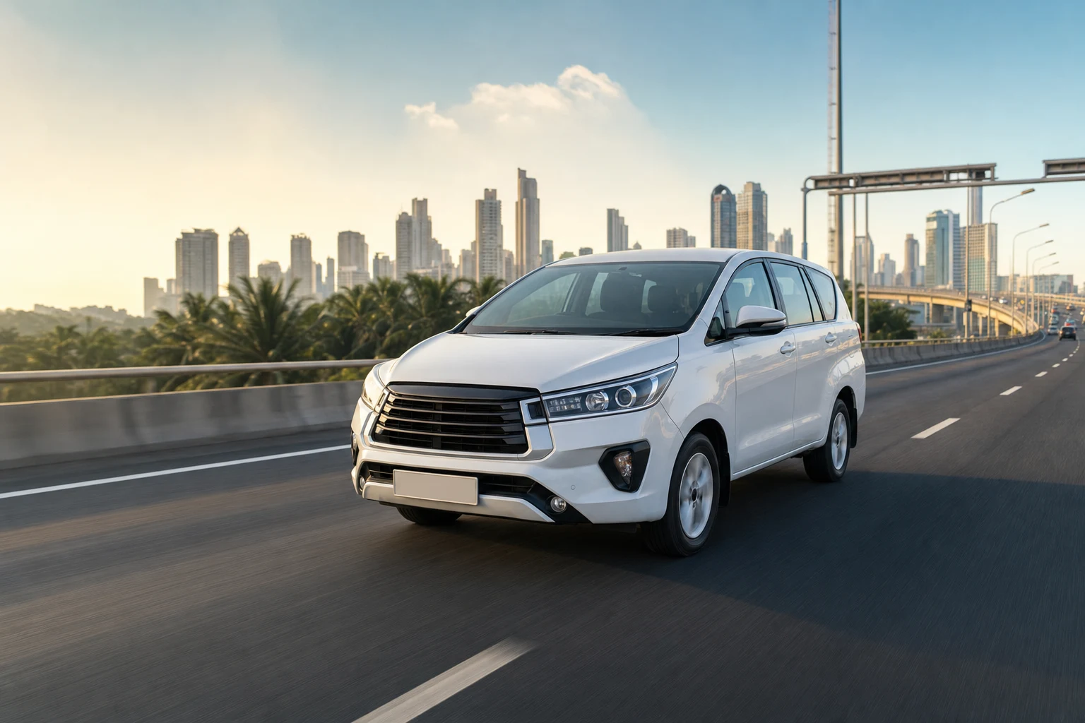 MPV putih di jalan tol layang perkotaan saat golden hour, ilustrasi perencanaan rental mobil di Jakarta