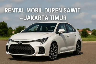 Gambar promosi layanan rental mobil Duren Sawit Jakarta Timur dari Sky White Rent Car, menampilkan mobil keluaran terbaru dengan desain elegan dan latar kawasan urban Jakarta Timur, cocok untuk perjalanan harian, wisata, atau keperluan bisnis.