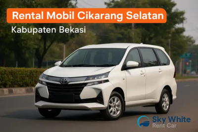 Gambar promosi layanan rental mobil Cikarang Selatan Kabupaten Bekasi dari Sky White Rent Car, menampilkan unit Toyota Avanza putih yang bersih dan siap sewa, ideal untuk perjalanan bisnis dan keluarga. Mobil berada di jalanan rapi dengan latar pohon hijau, menunjukkan profesionalisme layanan antar-jemput di kawasan industri dan perumahan elit seperti Lippo Cikarang dan Delta Silicon.