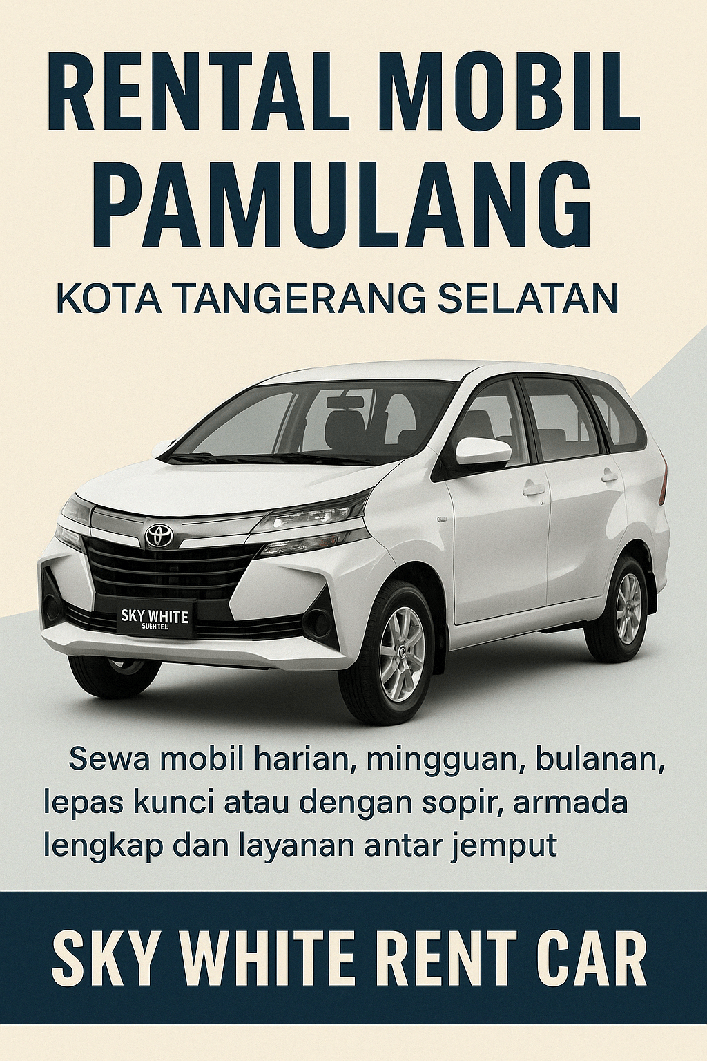 Layanan rental mobil Pamulang Kota Tangerang Selatan dari Sky White Rent Car, menyediakan armada mobil lengkap dan layanan profesional untuk kebutuhan transportasi warga Pamulang dan sekitarnya.