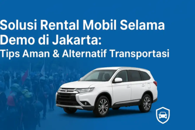Ilustrasi layanan rental mobil modern di Jakarta dengan mobil keluaran terbaru, memberikan solusi transportasi aman dan nyaman selama demo berlangsung.