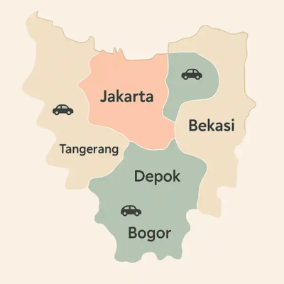 Ilustrasi peta area layanan rental mobil Sky White Rent Car mencakup Jakarta Bogor Depok Tangerang Bekasi
